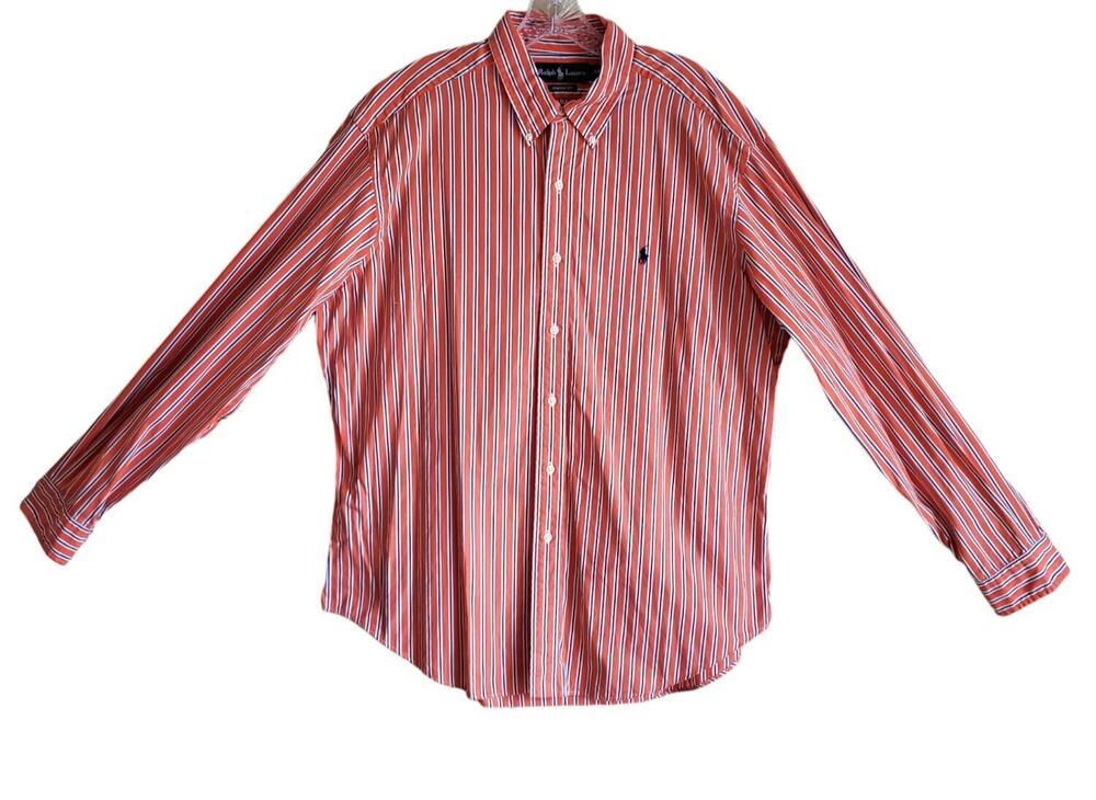 RALPH LAUREN Men's XXL Shirt Button Down Classic Fit Orange Navy Striped 50"